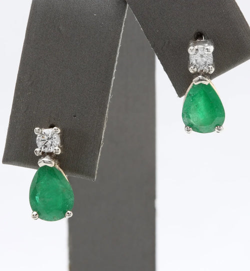14K Solid White Gold Stud Earrings with Natural Emerald and Diamond N8969