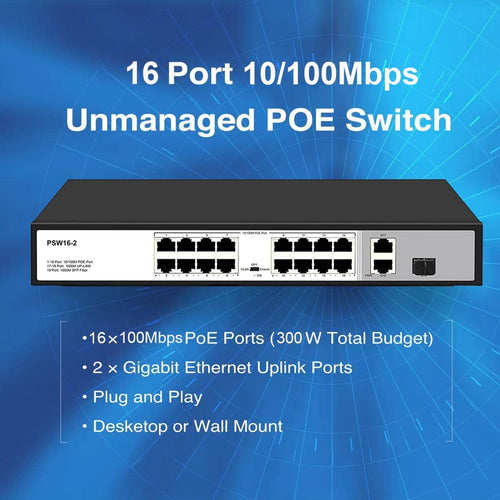 16 Port 10/100Mbps PoE Switch Unmanaged with 2 Gigabit Uplink Ports Q535