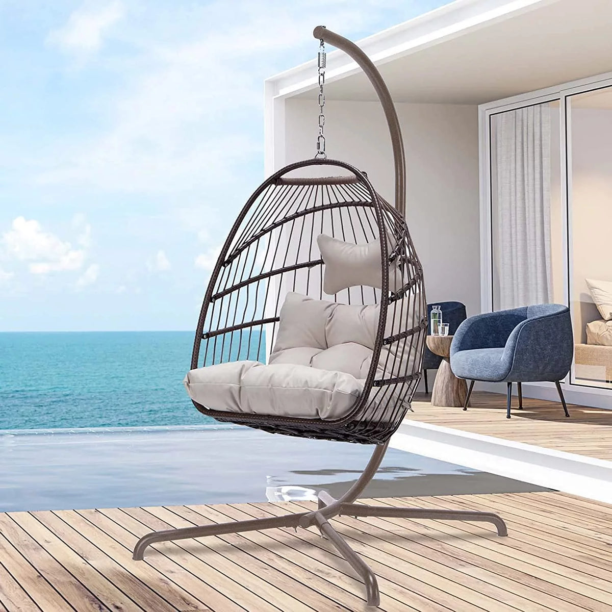 Foldable Brown PE Wicker Hanging Egg Chair with Stand Z655083