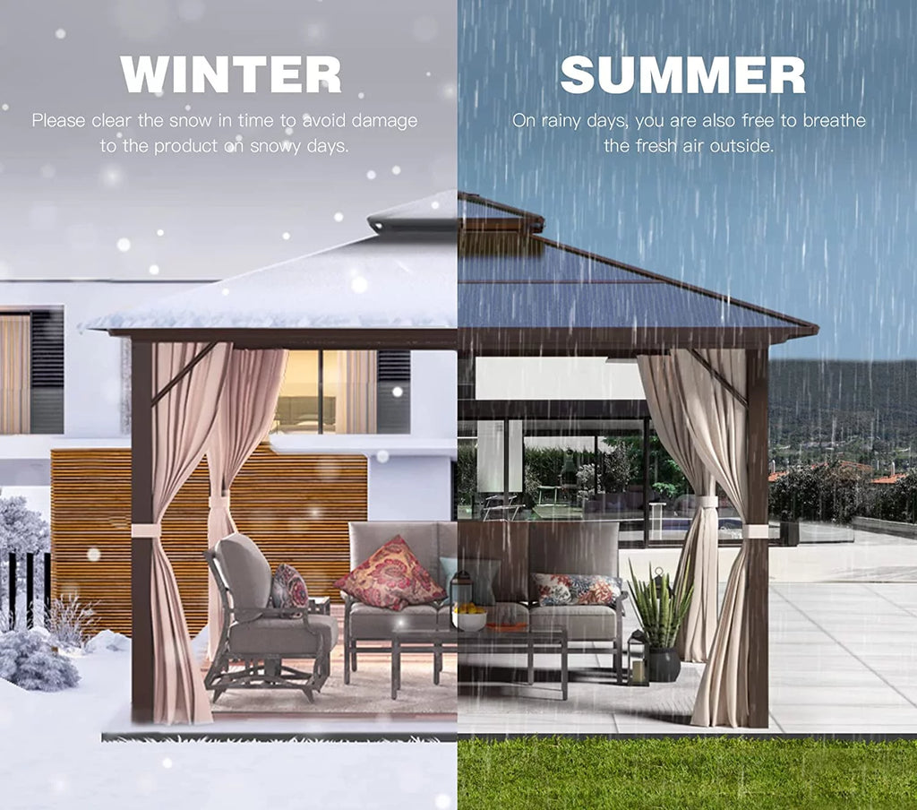 12 ft Polycarbonate Double Roof Hardtop Gazebo Canopy, Beige W926