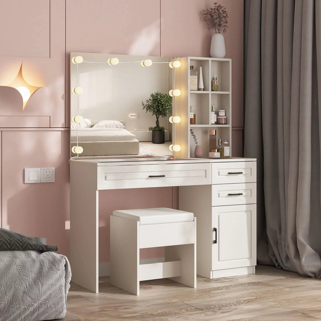 White 45in Vanity Desk Set with Lighted Mirror and Glass Desktop C9283