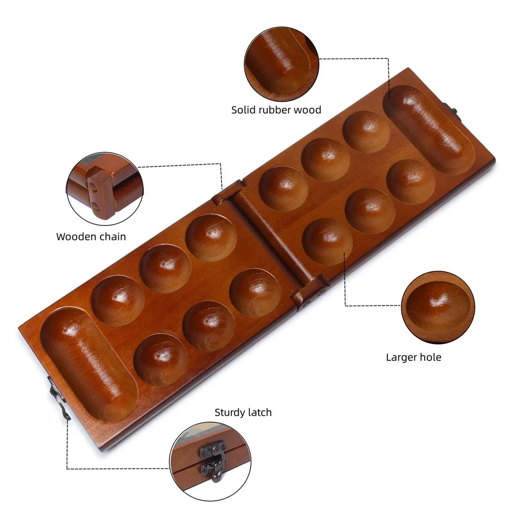 Mancala Board Game Set with Rubber Wood Board, Stones Storage Bag & Instructions. A45050