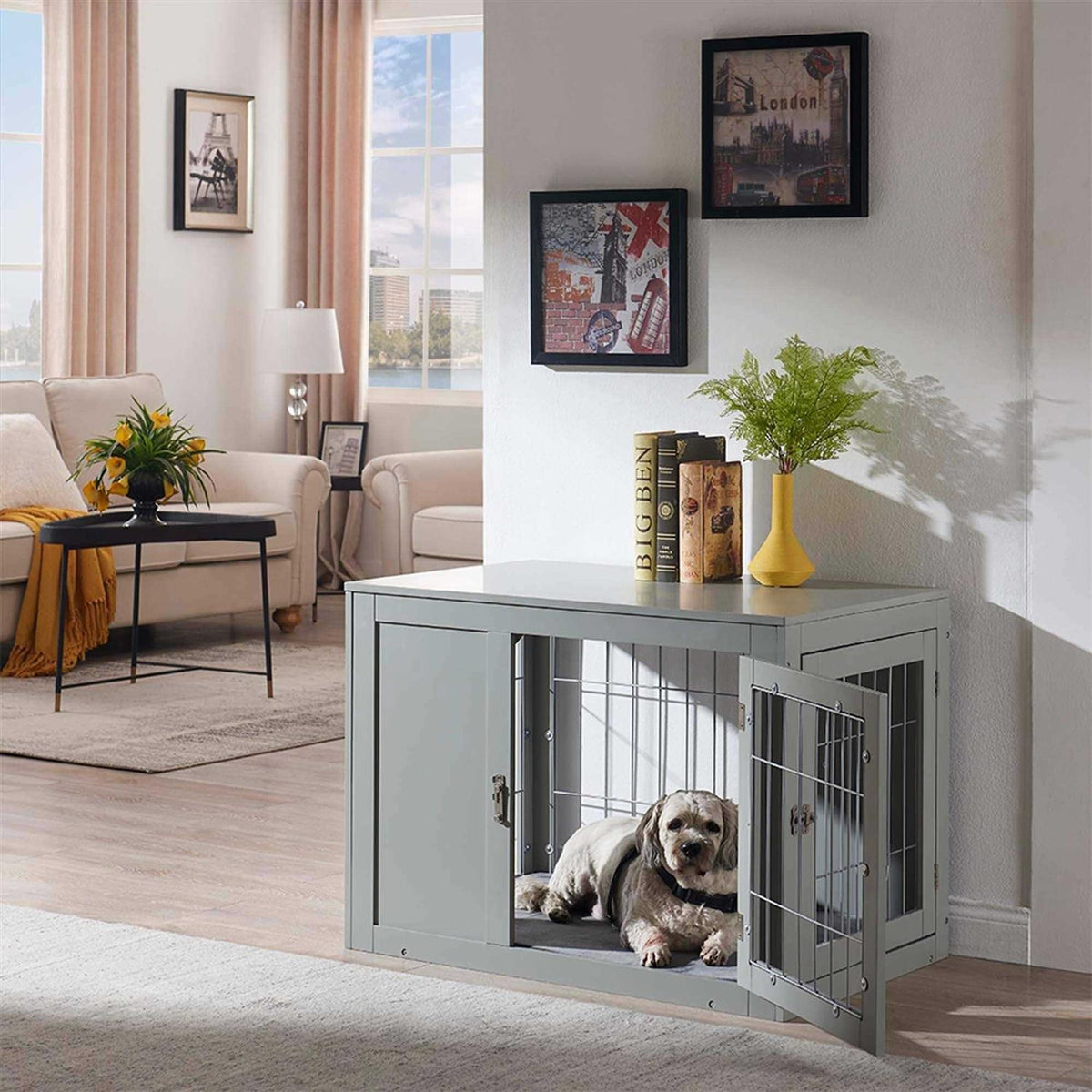 Wooden Dog Crate End Table with Cushion W24696