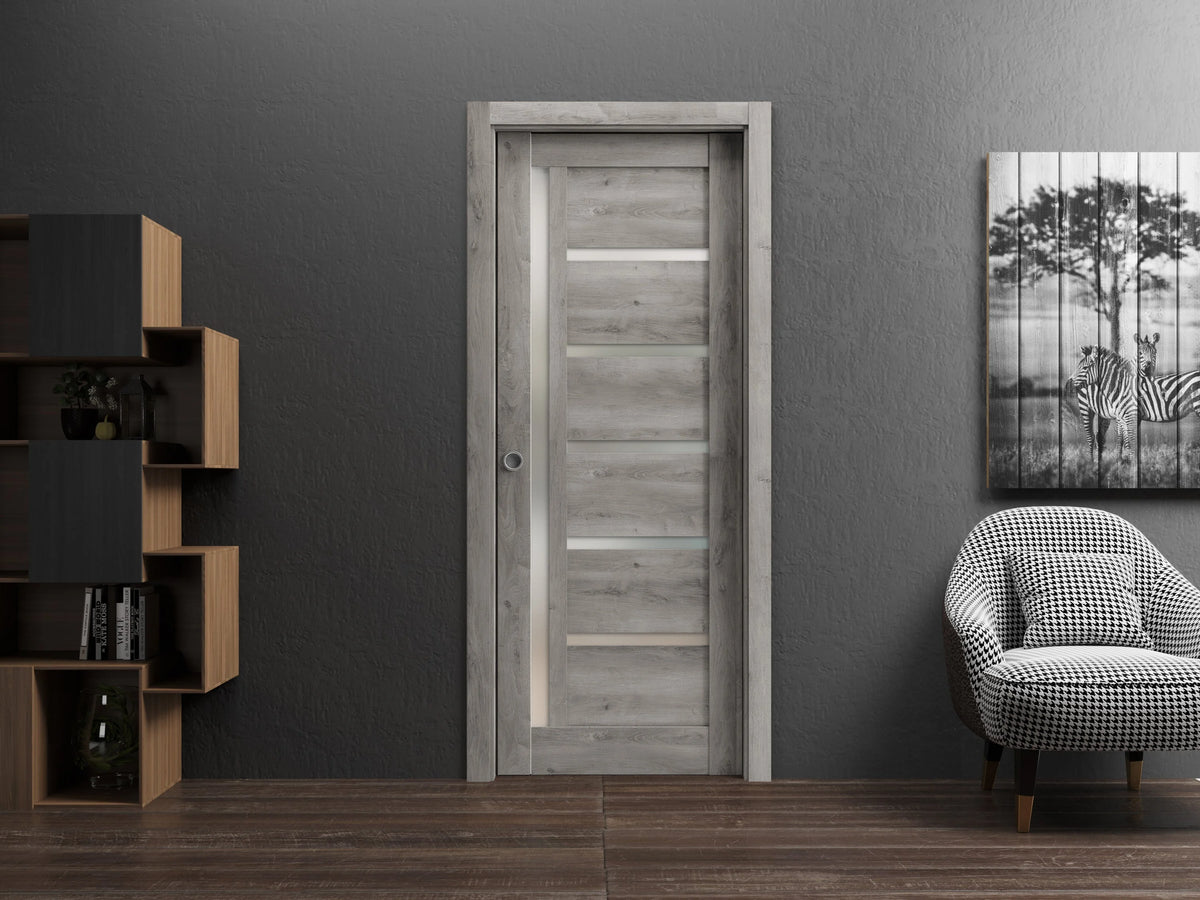 Sliding French Pocket Door 36 x 96 inches with Frosted Glass Solid Wood Interior Door T7978