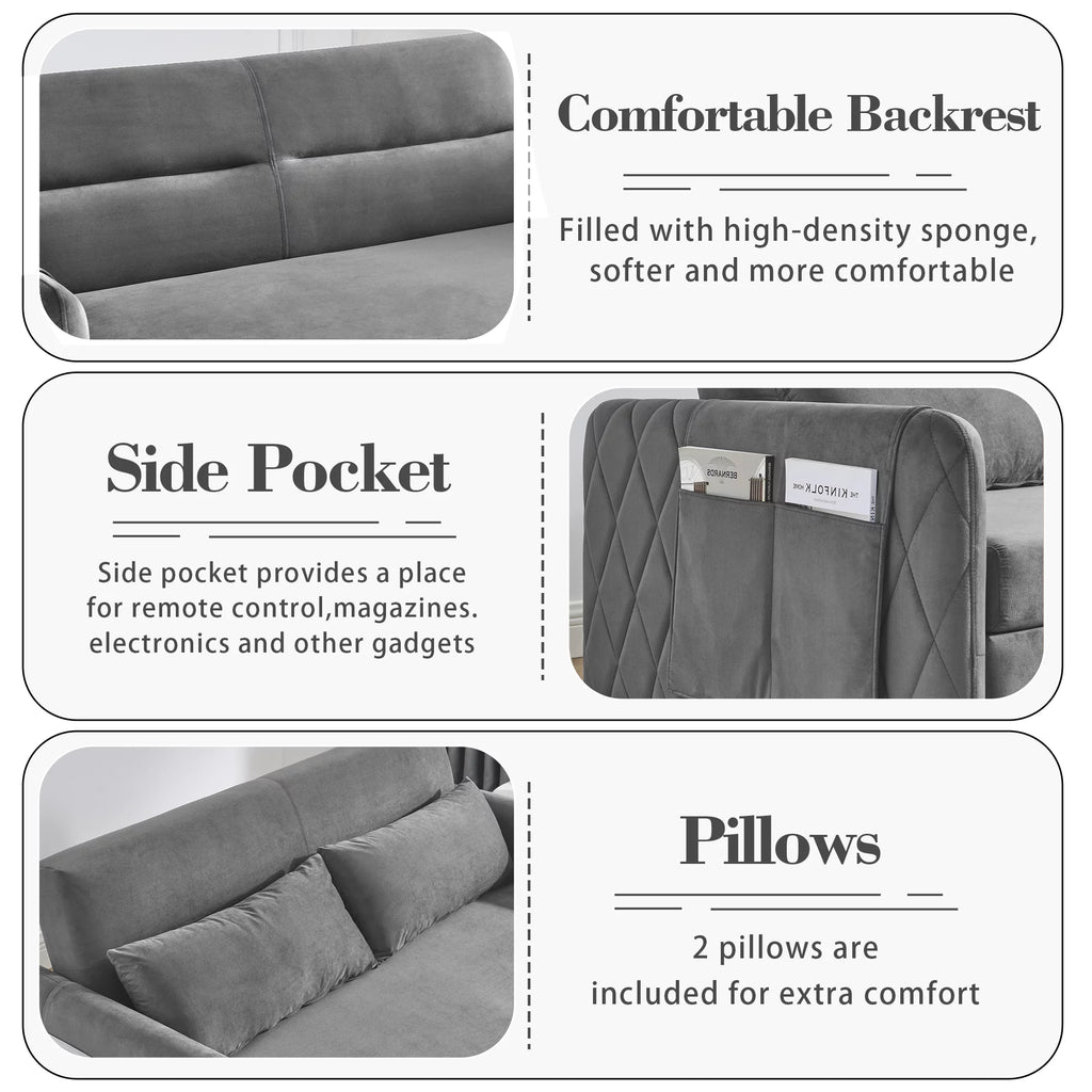 55" Velvet Pull Out Sofa Bed with 2 Pillows G90586