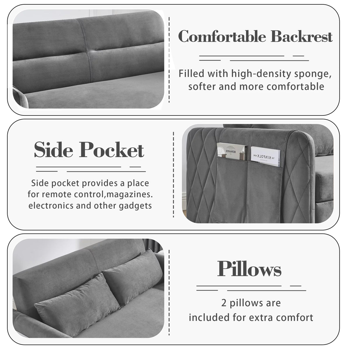 55" Velvet Pull Out Sofa Bed with 2 Pillows G90586