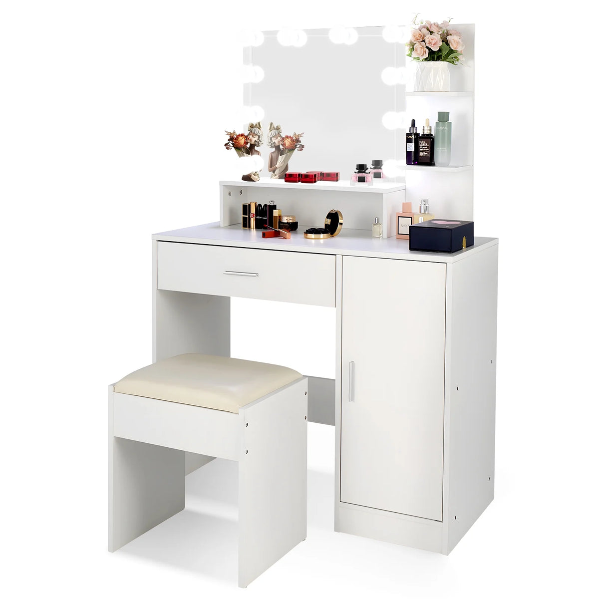White Makeup Vanity Desk with Lighted Mirror and Stool Y953876