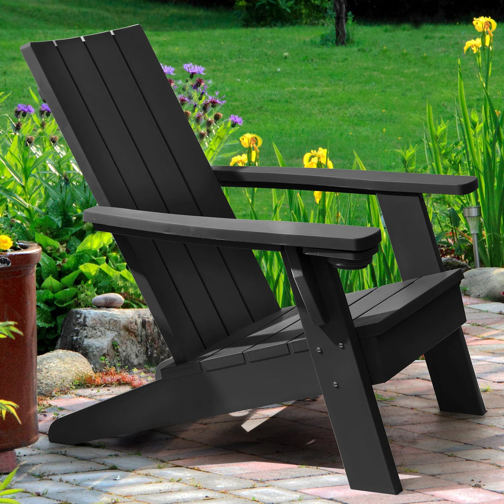 Black Plastic Adirondack Chair with Cup Holder P342149