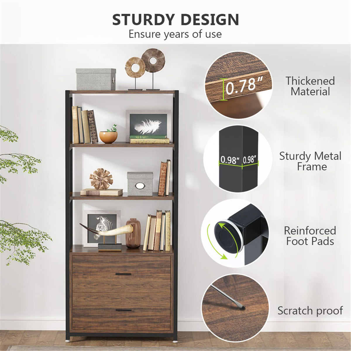 Brown/Black 4-Tier Bookcase with 2 Drawers D5782