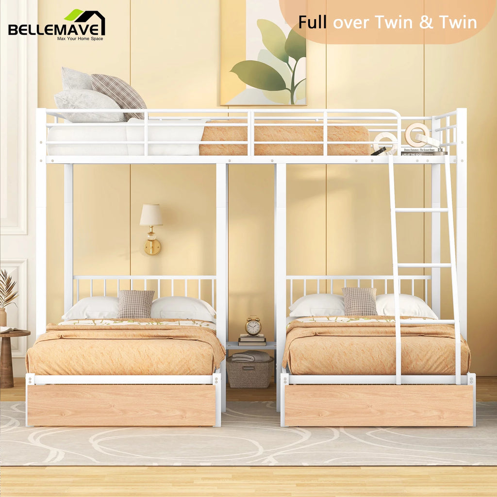 White Metal Triple Bunk Bed with Storage Drawers T7207