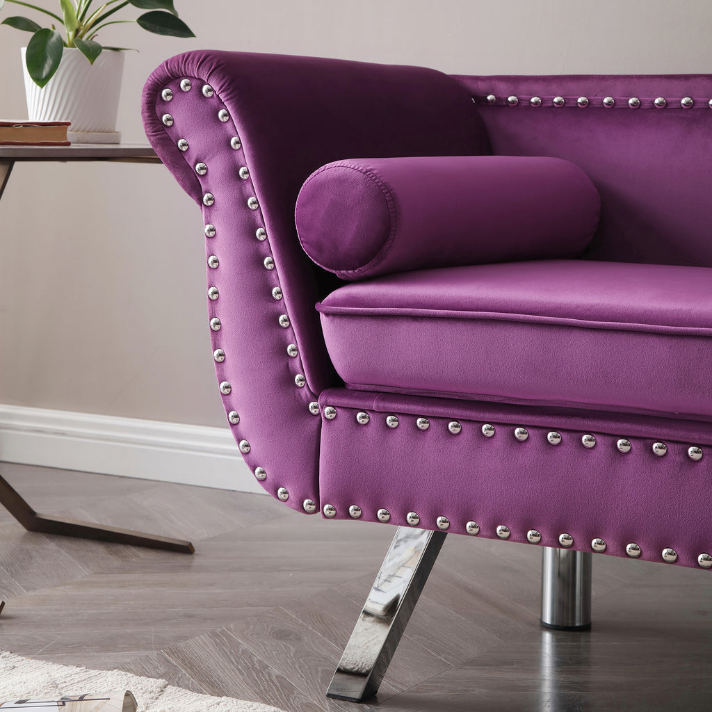 Purple Velvet Upholstered Loveseat with Removable Cushion Silver Metal Legs Y1365