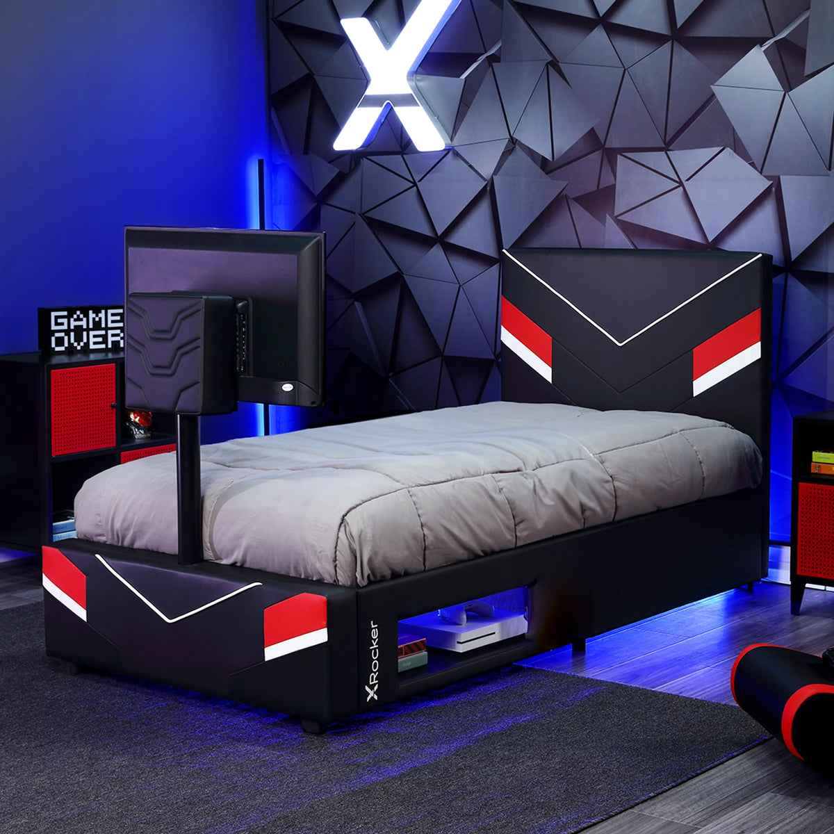 Black Red Twin Gaming Bed Frame with TV Mount N81672