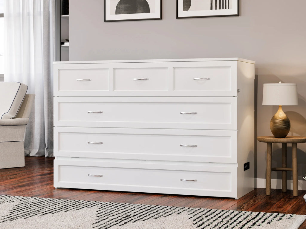 Queen Solid Wood Murphy Bed Chest with Mattress, Drawer & Charger, White Y60641