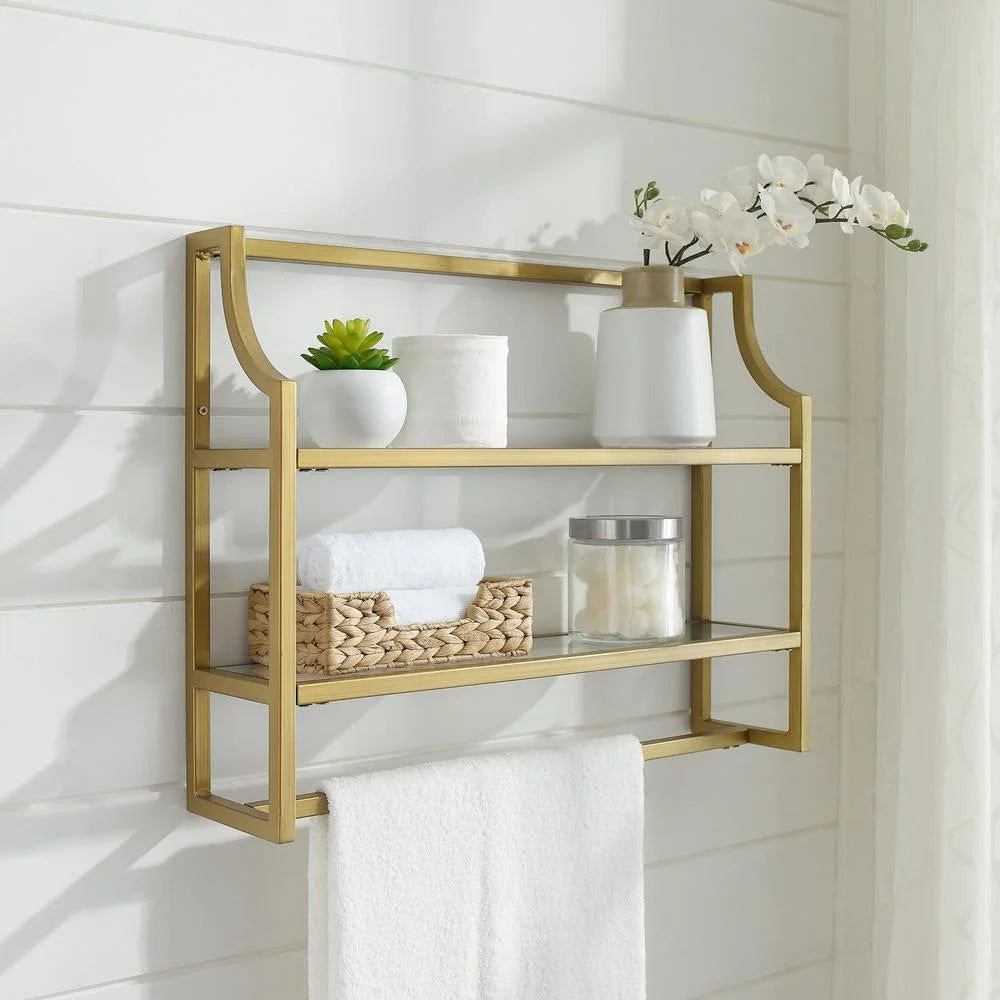 Soft Gold 2 Shelf Glass Metal Wall Shelf O56163