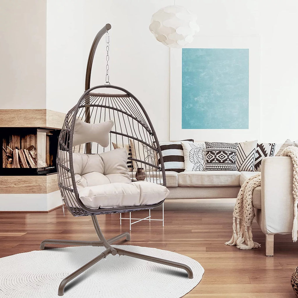 Foldable Brown PE Wicker Hanging Egg Chair with Stand Z655083
