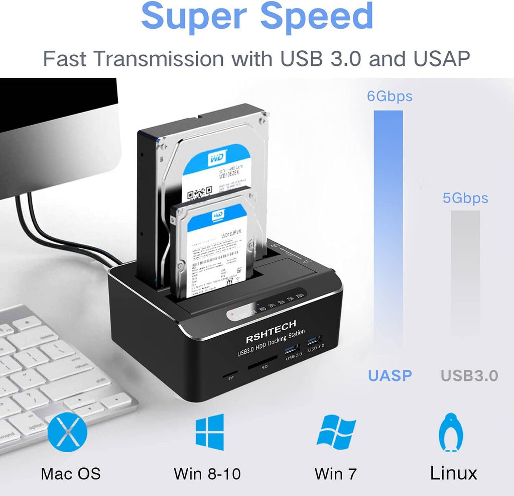 USB 3.0 Aluminum Dual Bay Hard Drive Dock with SD TF Card Reader M18614
