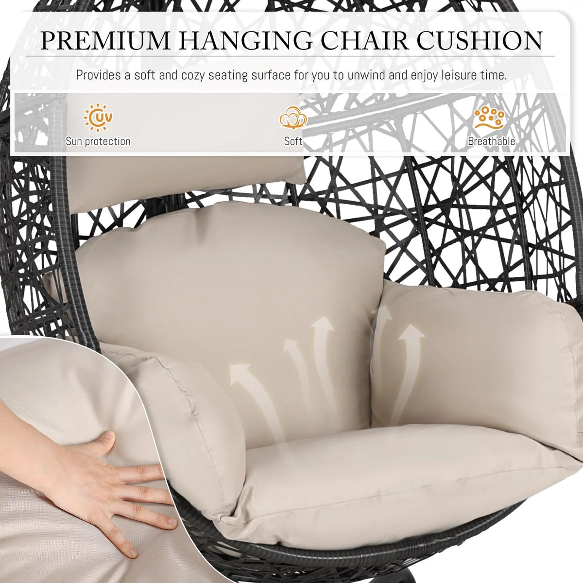 Oversized Black Hanging Swing Egg Chair with Stand and Beige Set J860