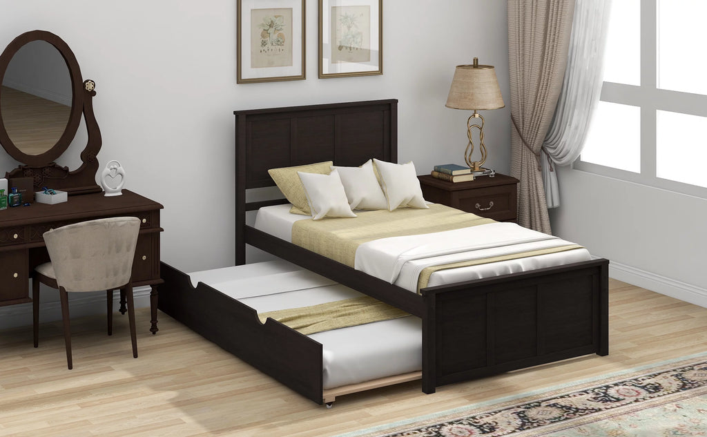 Wood Twin Platform Bed with Headboard & Trundle G4130