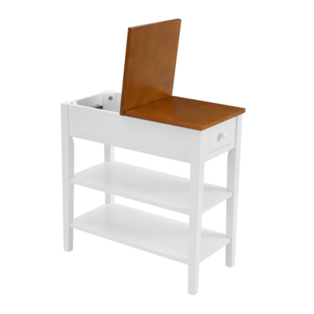 Narrow 2-tone End Table with USB Charging Ports, White and Walnut O807