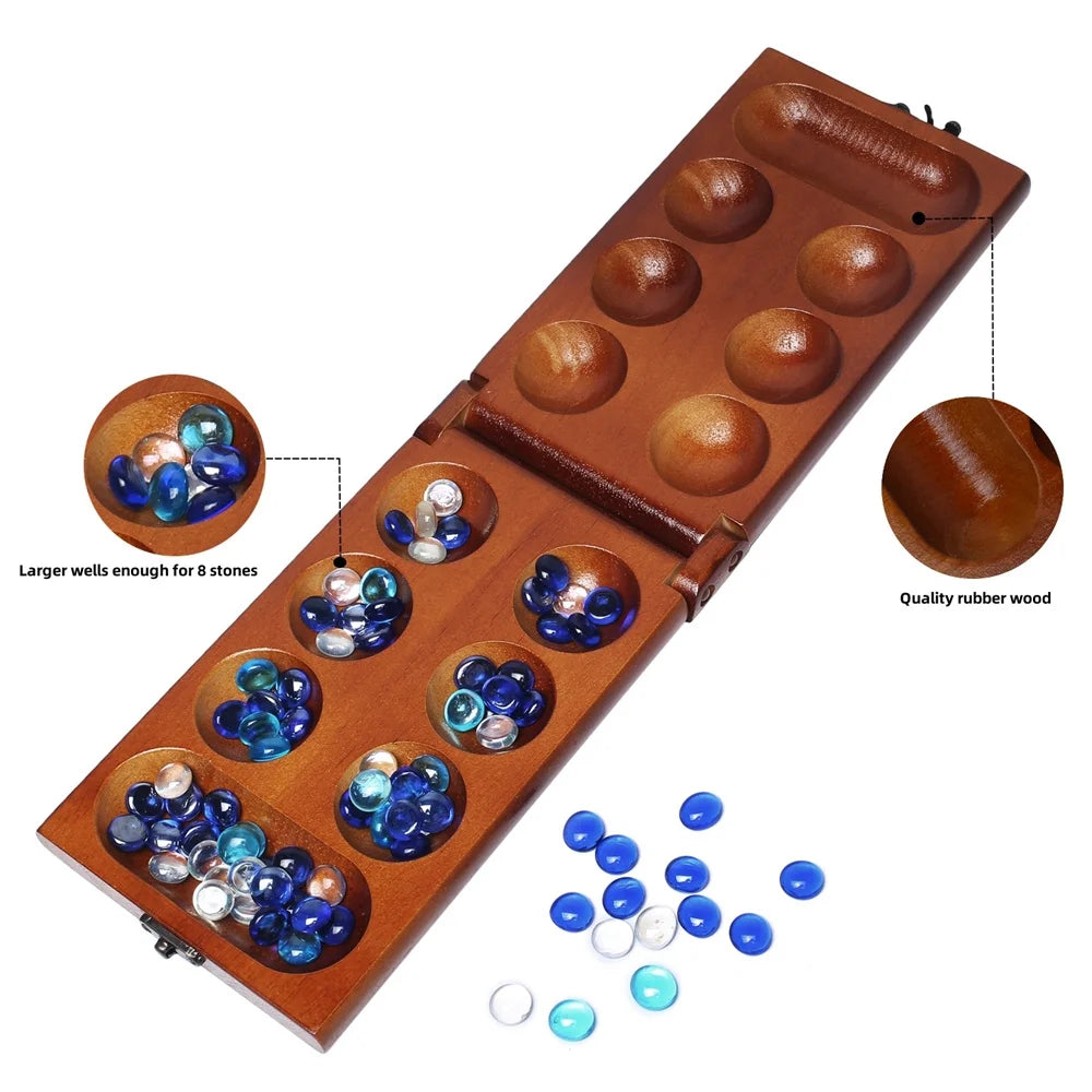 Mancala Board Game Set with Rubber Wood Board, Stones Storage Bag & Instructions. A45050