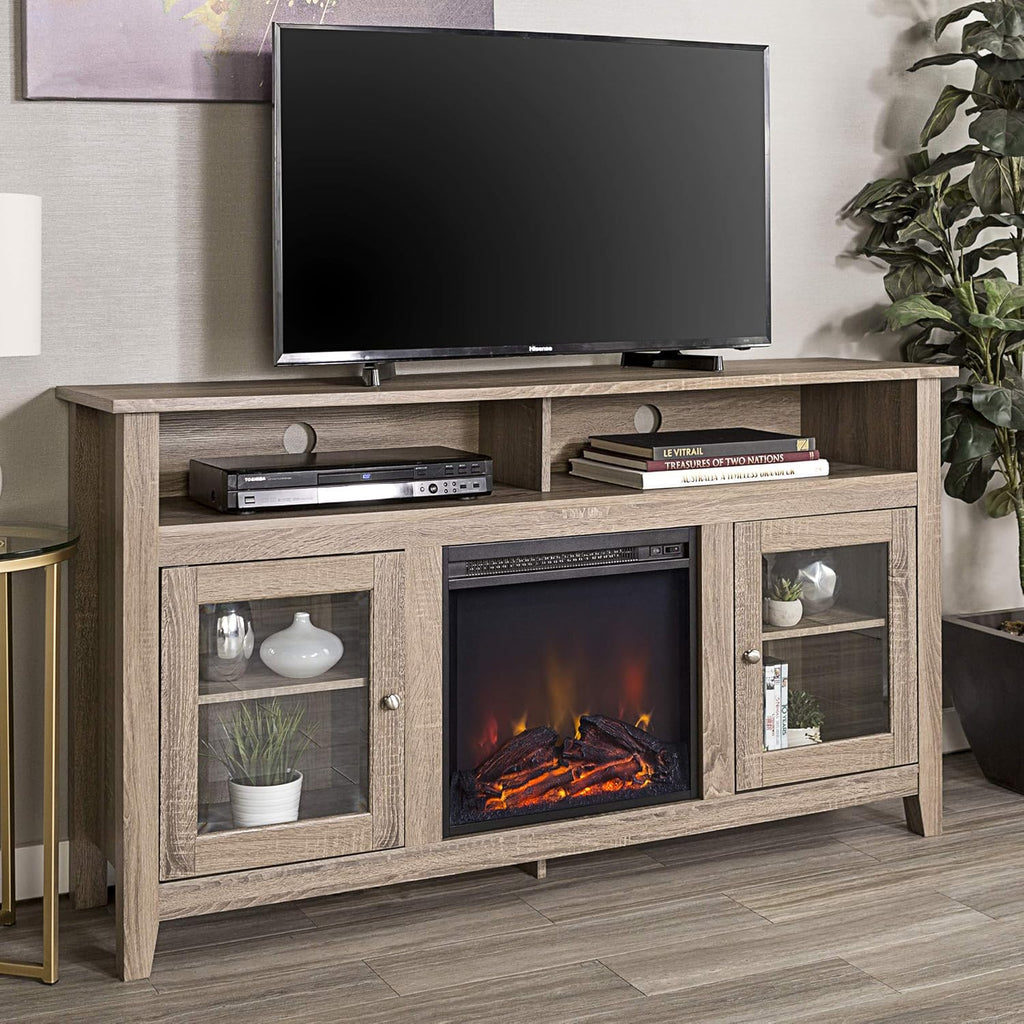 Rustic Wood and Glass Fireplace TV Stand, 58 Inch, Traditional Brown Z137