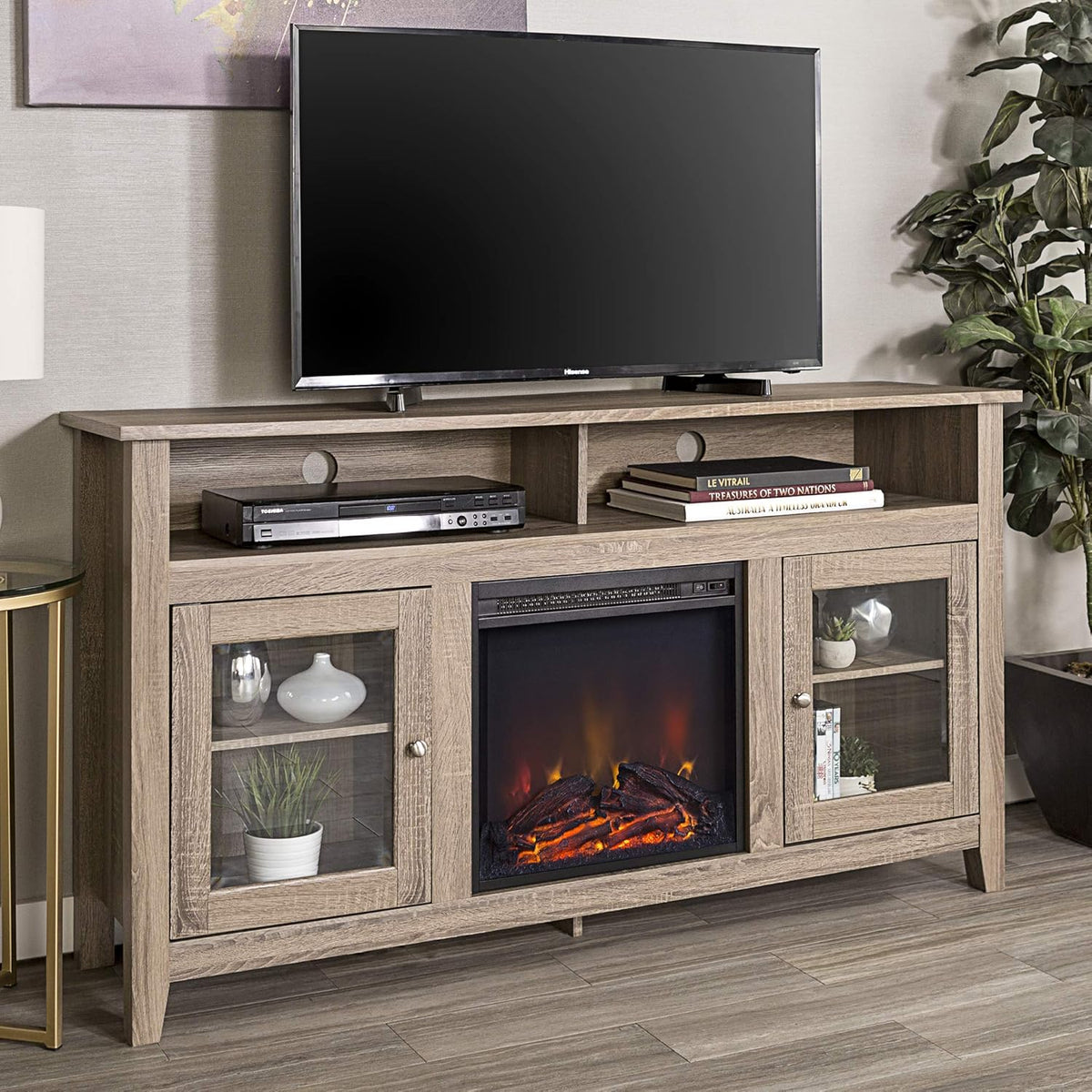 Rustic Wood and Glass Fireplace TV Stand, 58 Inch, Traditional Brown Z137