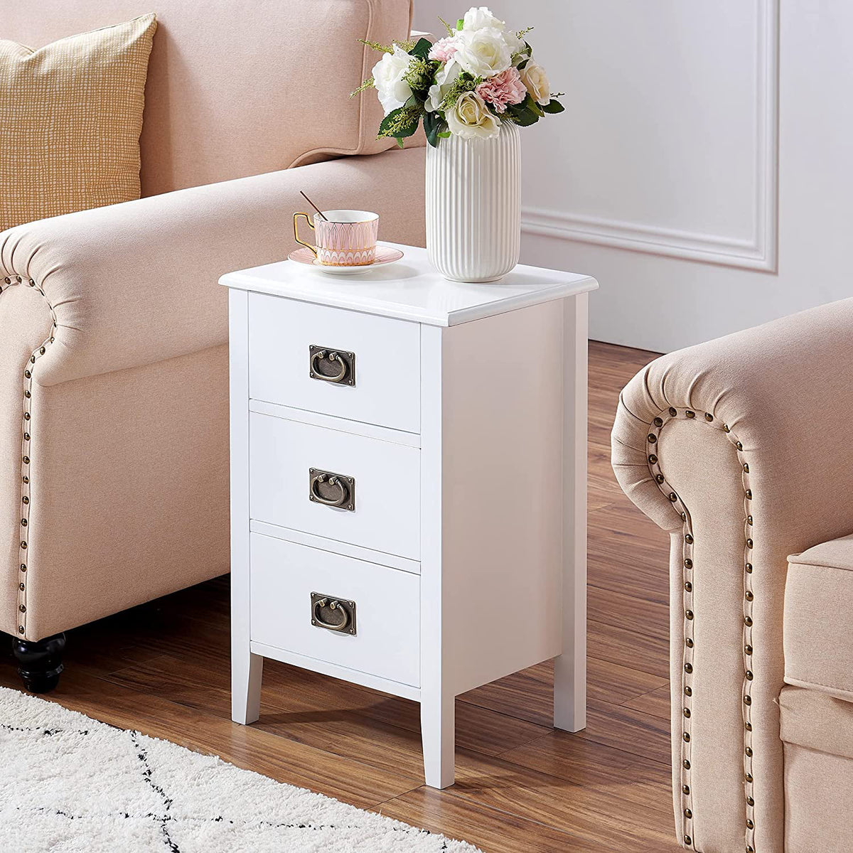White 3 Drawer Nightstand with Solid Wood Legs C807