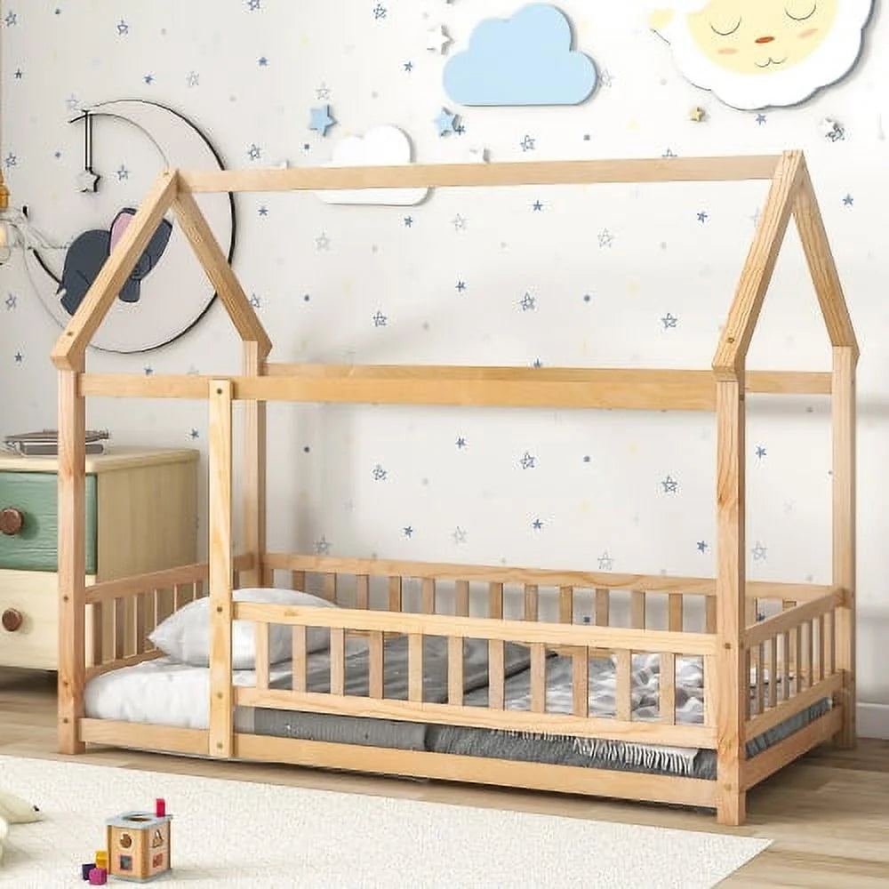 Twin Size Wooden Floor Bed with House Roof Frame D5660