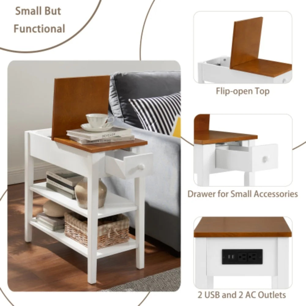 Narrow 2-tone End Table with USB Charging Ports, White and Walnut O807