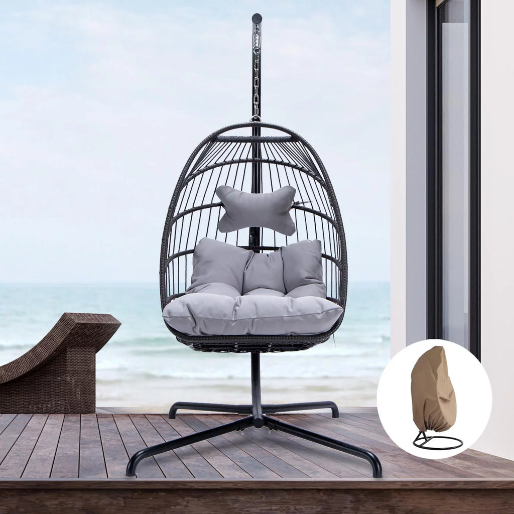 Foldable Brown PE Wicker Hanging Egg Chair with Stand Z655083