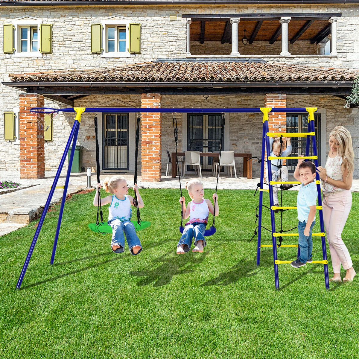 Kids Swing Set with Basketball Hoop & Climbing Ladder L56712
