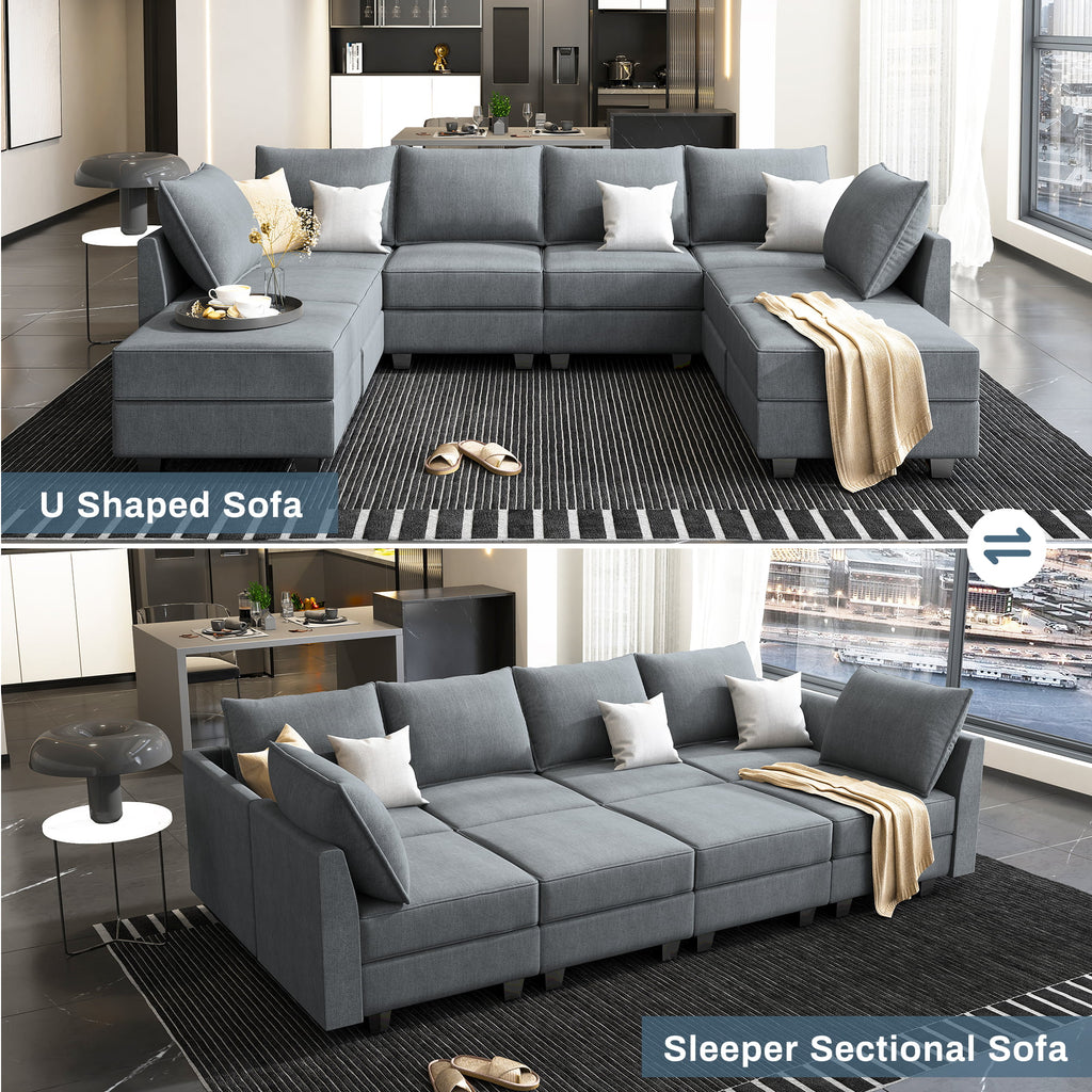 Bluish Grey Convertible Sleeper Sofa with Storage Ottomans V423