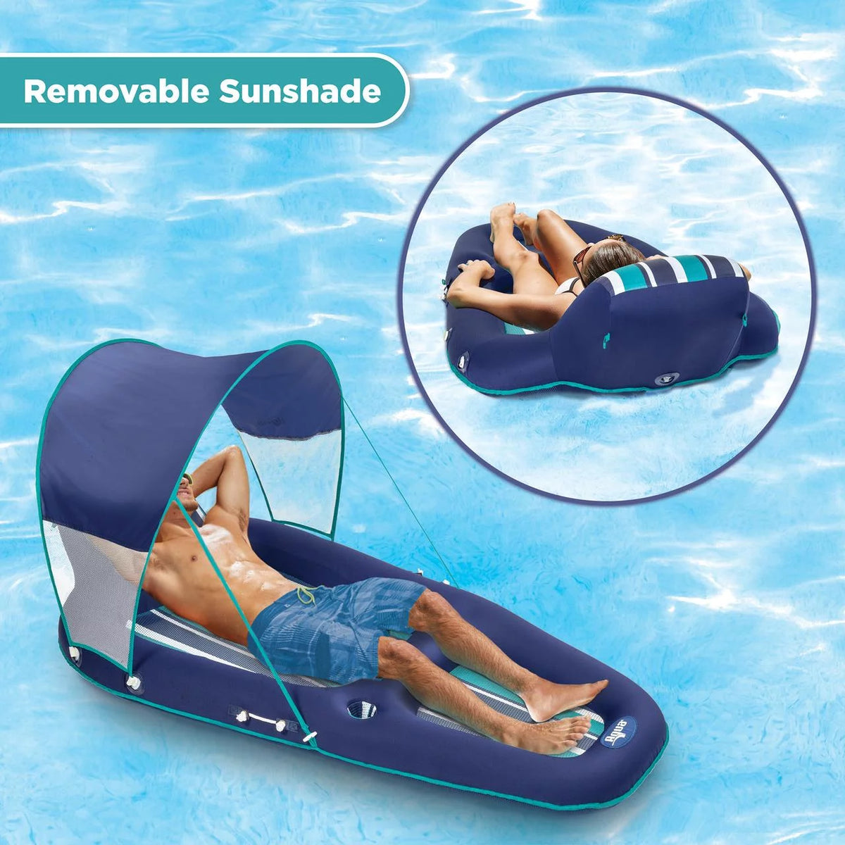 Blue Inflatable Pool Lounger Float with Sunshade Canopy 2 Pack Y1906