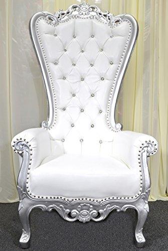 Silver Baroque Hand Carved Throne Chair with White Vinyl W359223