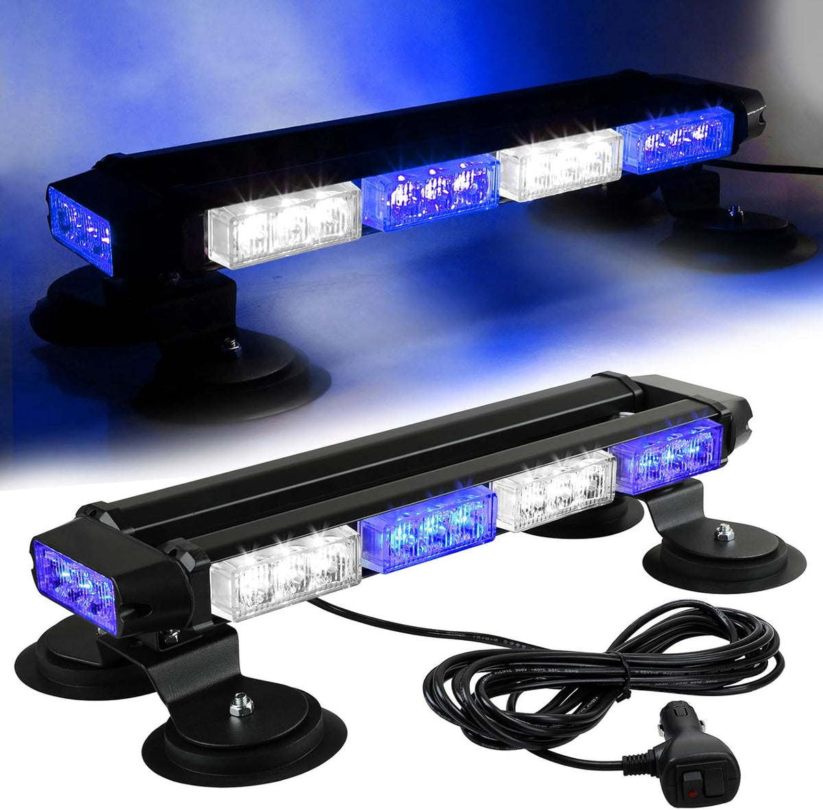 16.8 Inch LED Strobe Light Bar, 26 Flashing Modes, Magnetic Base, Blue White, Pack of 2 B528565