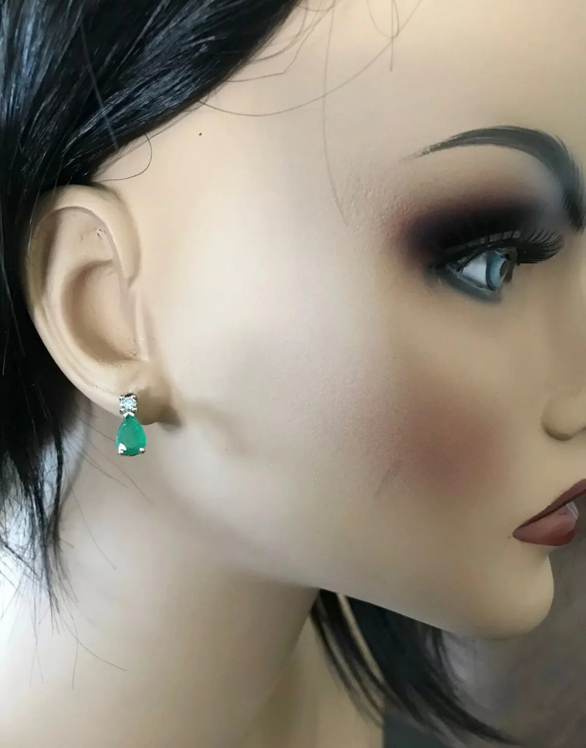 14K Solid White Gold Stud Earrings with Natural Emerald and Diamond N8969