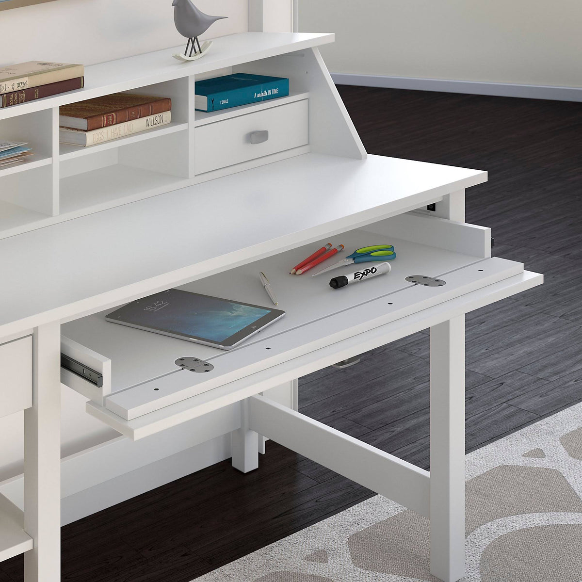 Pure White Computer Desk with Bookcase and Organizer L518230
