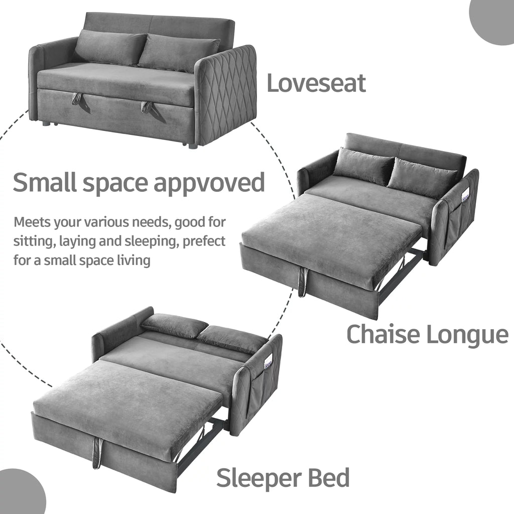 55" Velvet Pull Out Sofa Bed with 2 Pillows G90586