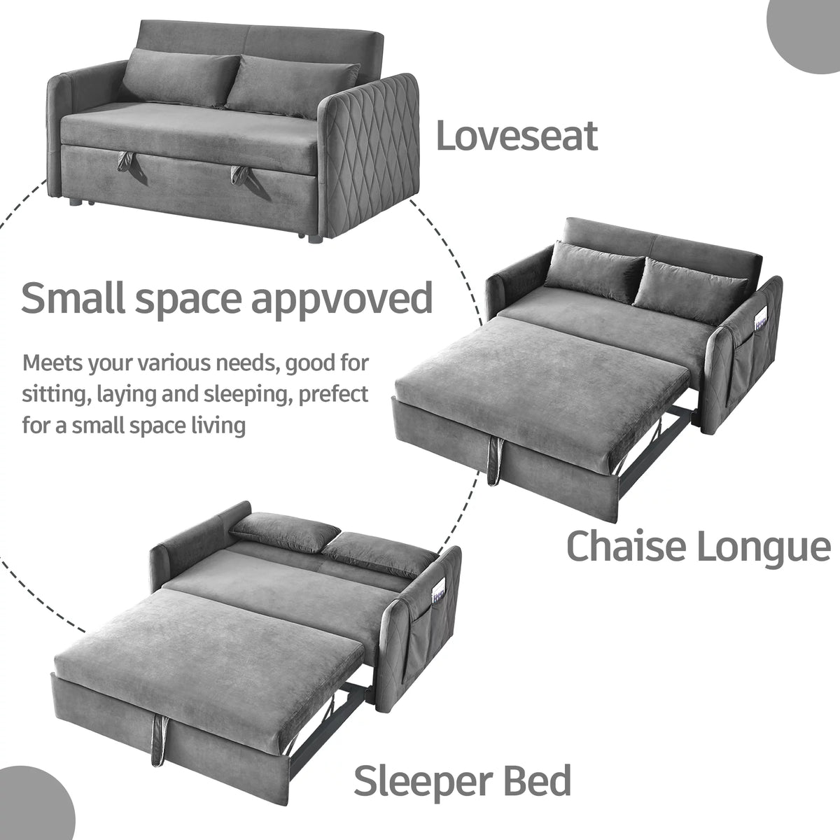 55" Velvet Pull Out Sofa Bed with 2 Pillows G90586