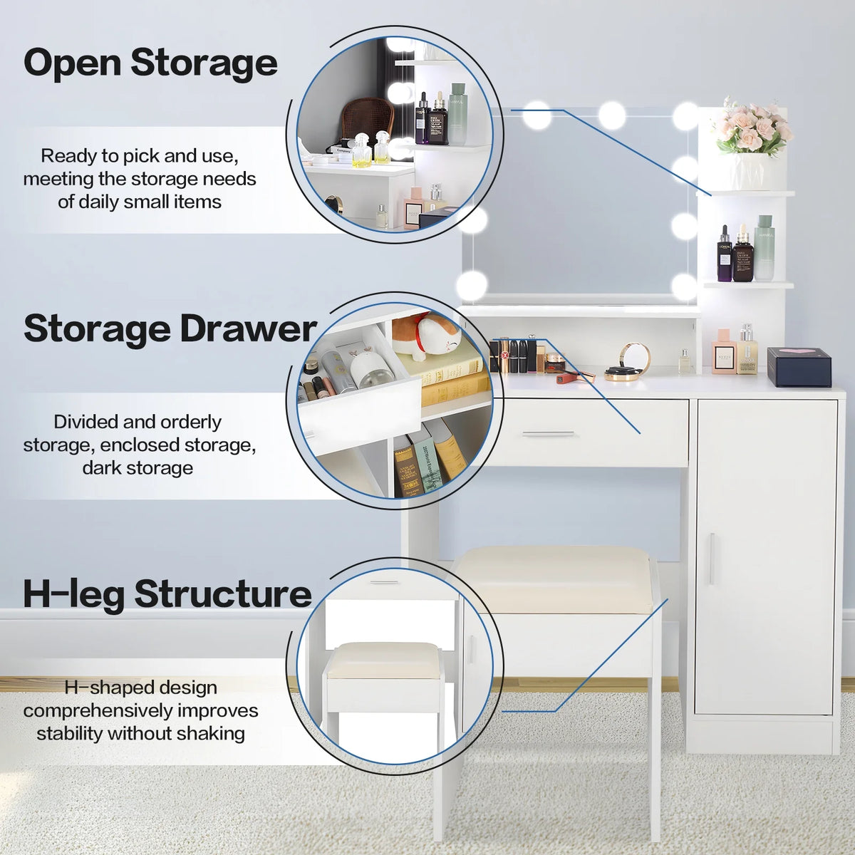 White Makeup Vanity Desk with Lighted Mirror and Stool Y953876