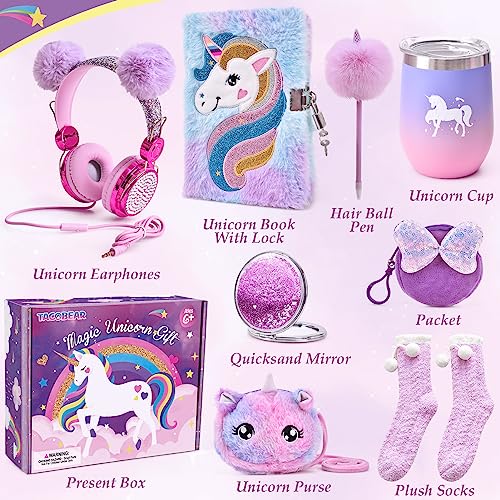 Unicorn Toy with Wired Headphones Diary Water Bottle Plush Bag Purse Socks Mirror O594070