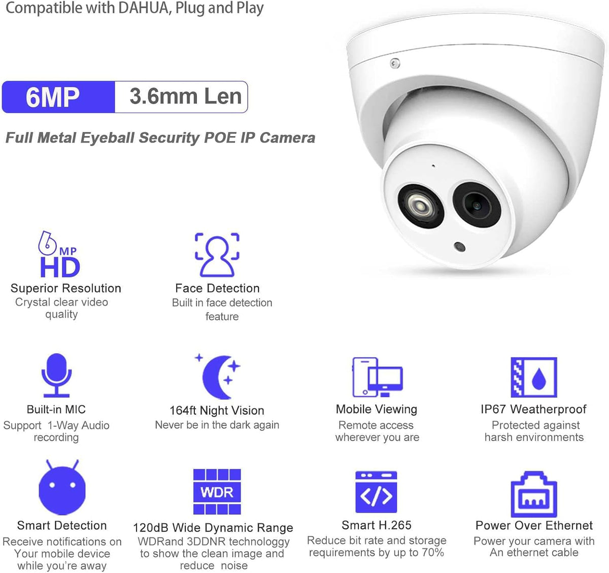 6MP PoE IP Security Camera Outdoor with Built-in-Mic, 3.6mm All-Metal Dome, 164ft IR Night Vision, IP67 H.265+ WDR 3D DNR X5804