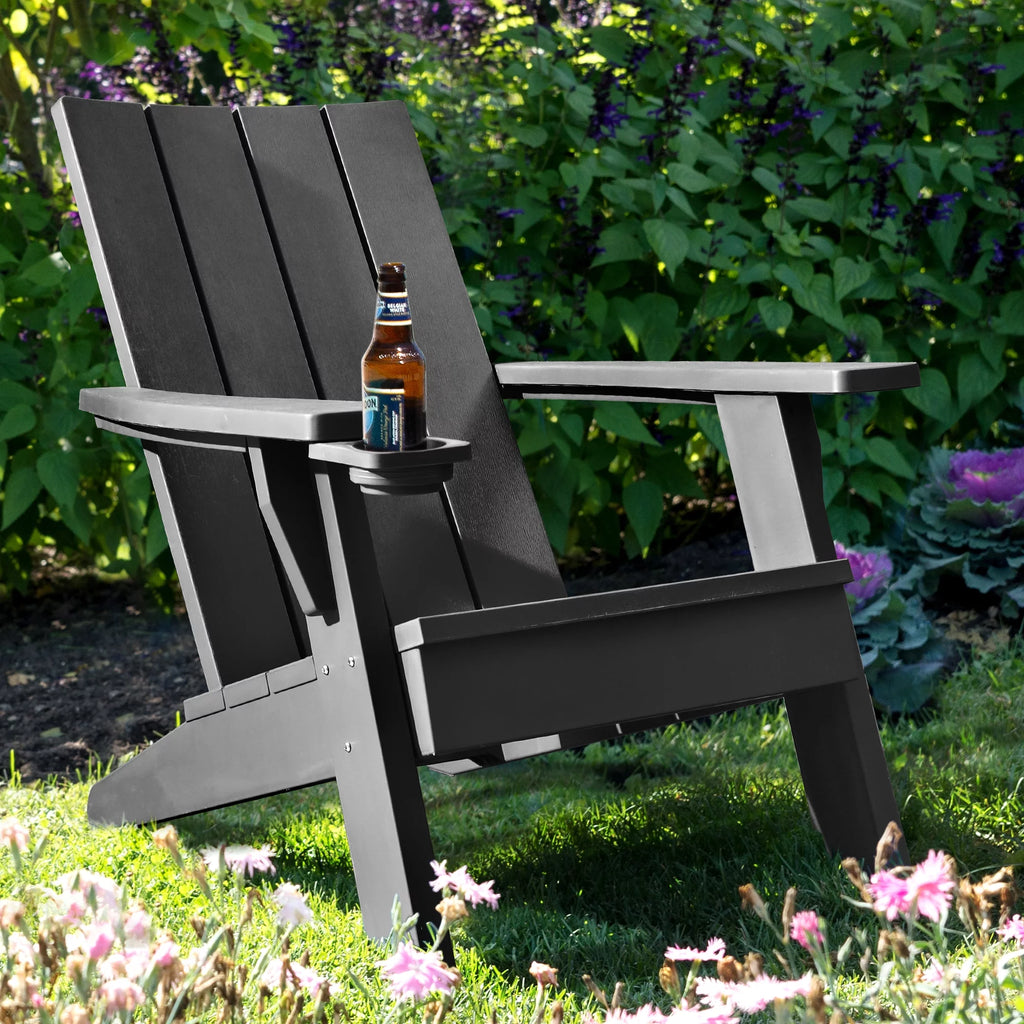 Black Plastic Adirondack Chair with Cup Holder P342149