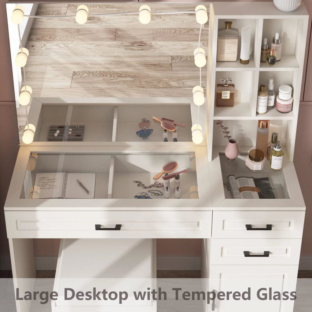 White 45in Vanity Desk Set with Lighted Mirror and Glass Desktop C9283