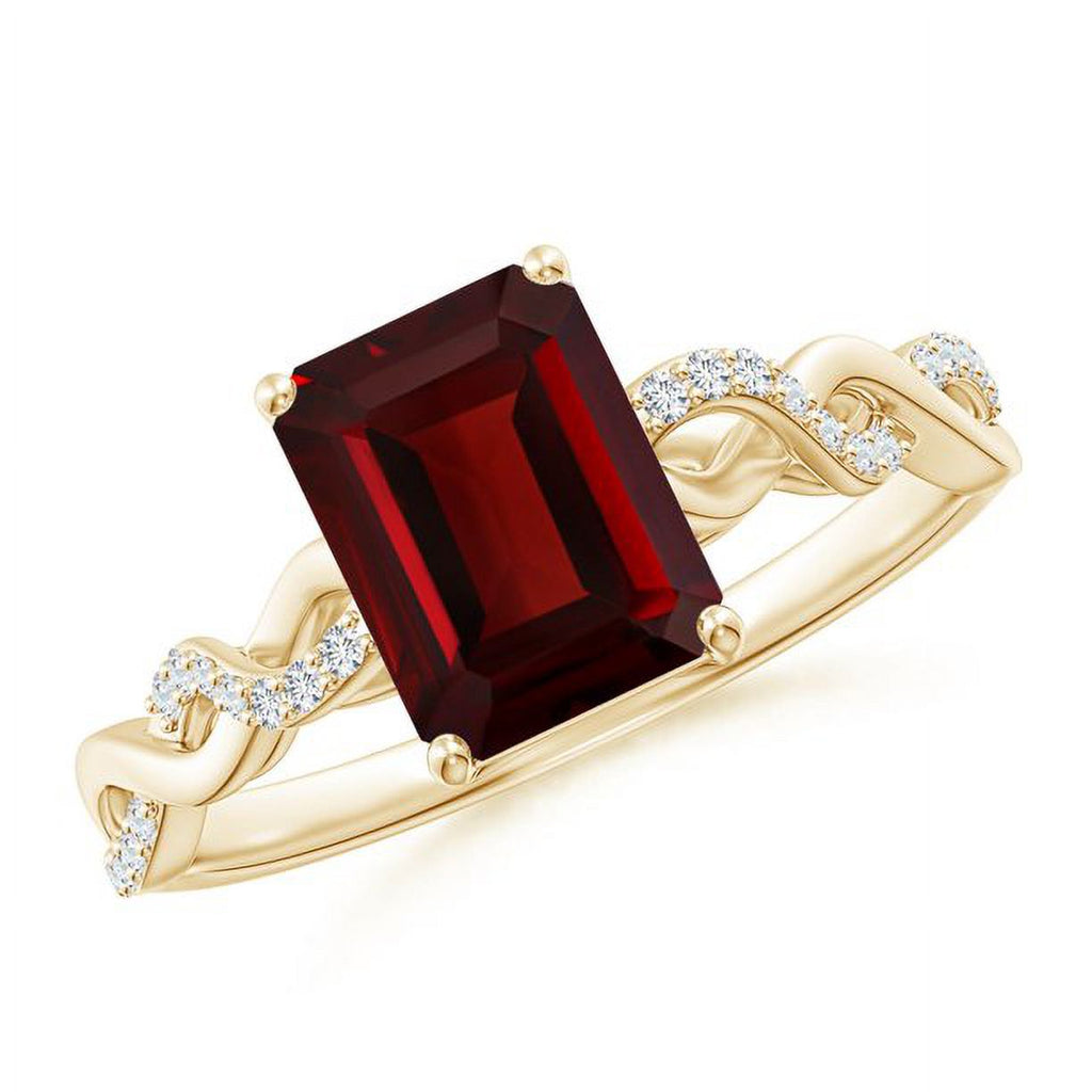 Red Garnet & Natural Diamond Emerald Cut Solitaire Ring 14K Yellow Gold C454997