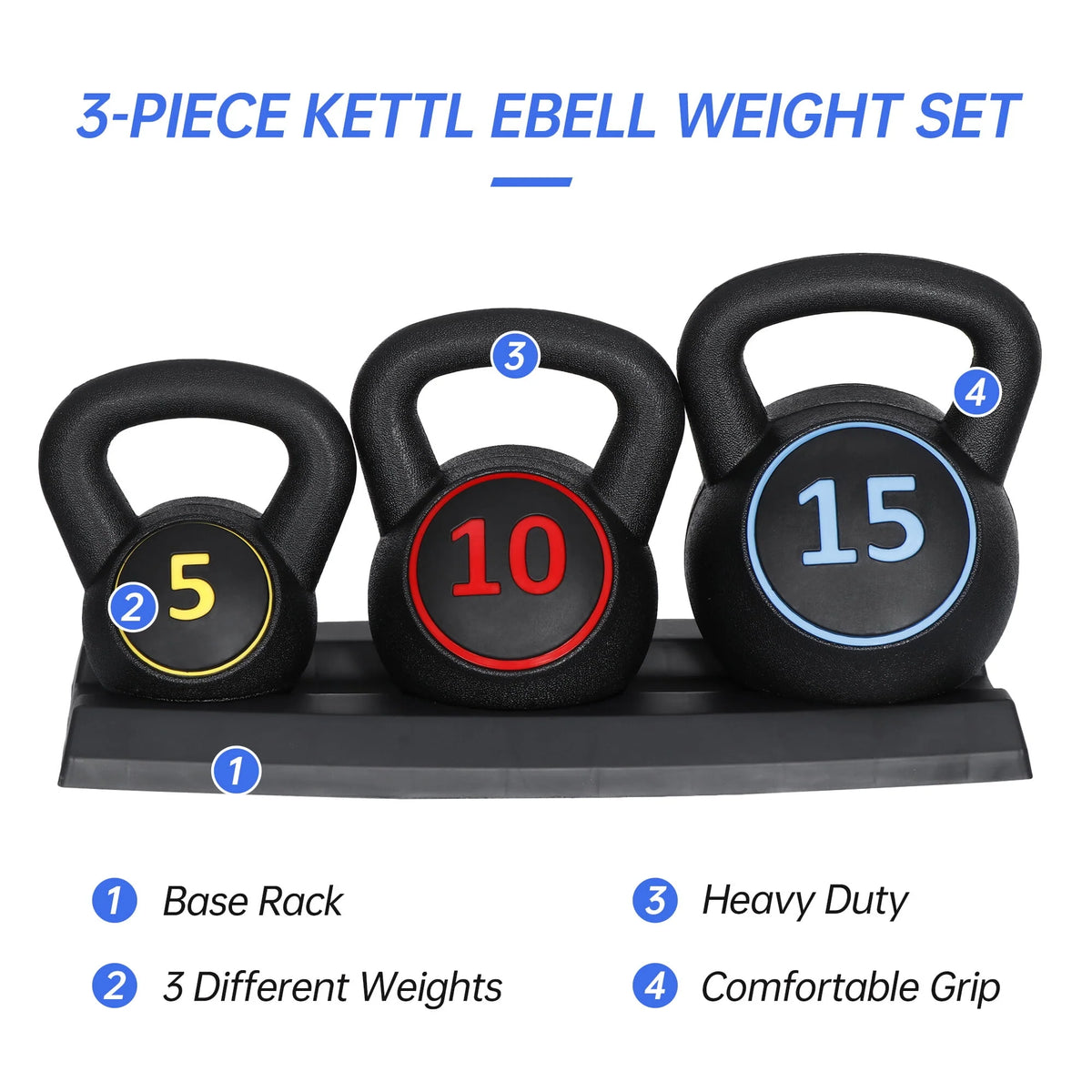 3 Piece 5lb 10lb 15lb Kettlebell Set with Storage Rack T269895