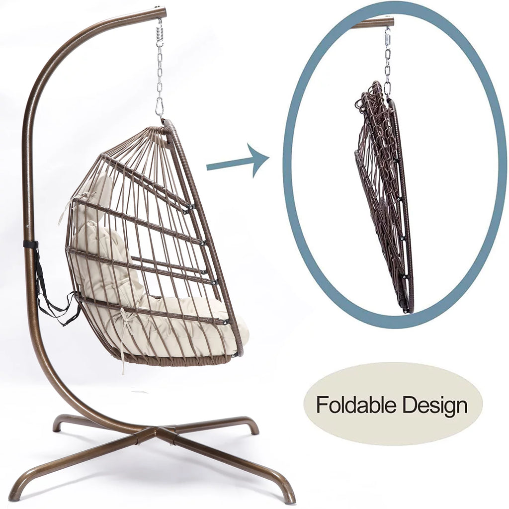 Foldable Brown PE Wicker Hanging Egg Chair with Stand Z655083