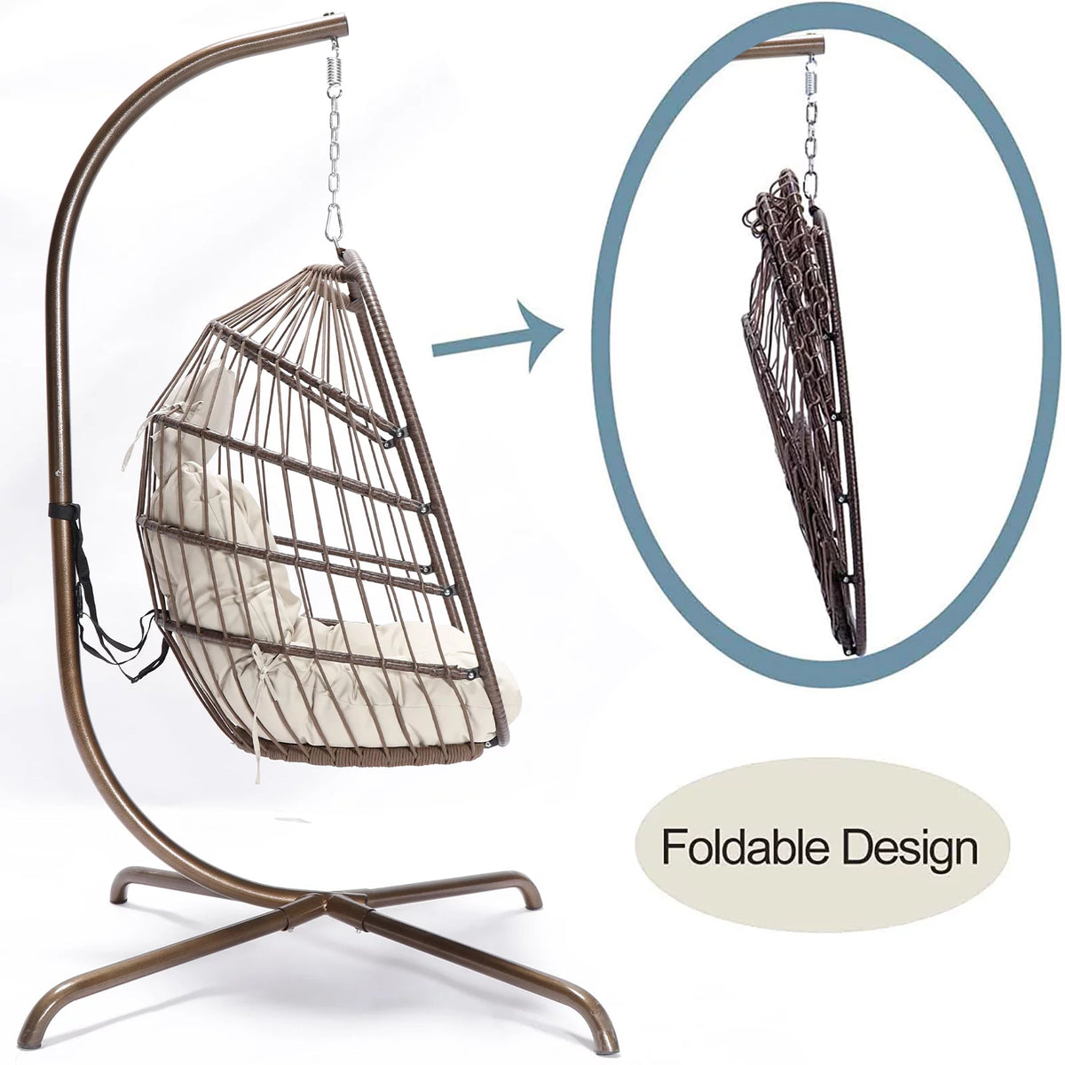 Foldable Brown PE Wicker Hanging Egg Chair with Stand Z655083