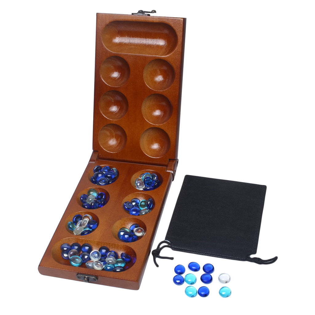 Mancala Board Game Set with Rubber Wood Board, Stones Storage Bag & Instructions. A45050