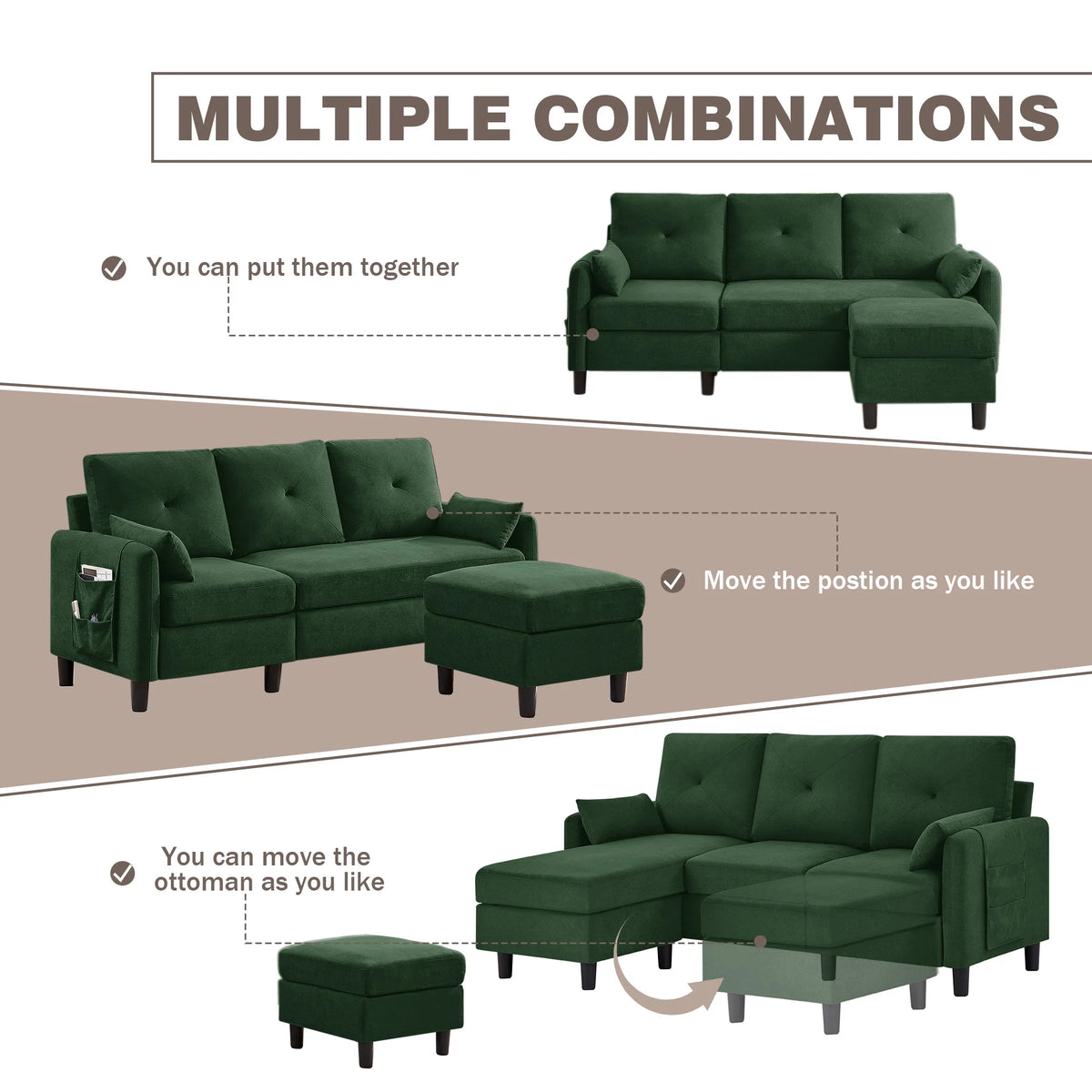 Green L-Shaped Convertible Sectional Sofa with Chaise P19767